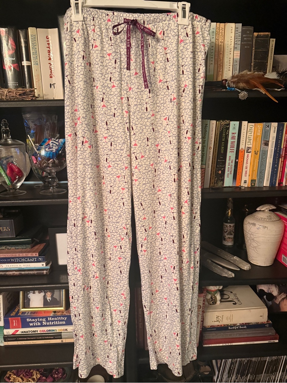 Women's White Wine Bottle Patterned Lounge Pants with Pink Accents